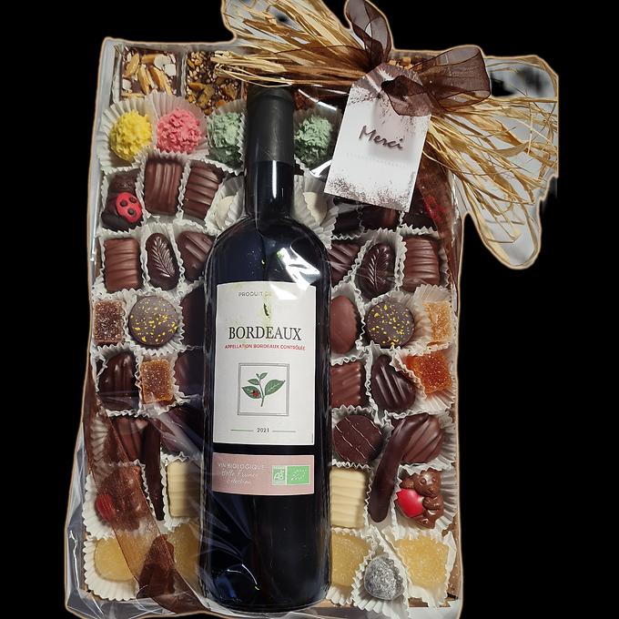 corbeille de chocolat et vin